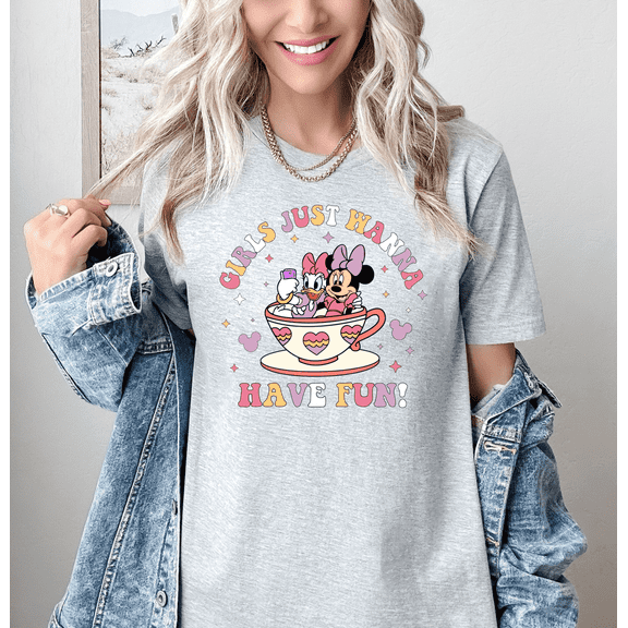 Moonlight Apparel Women's Minnie Mouse Daisy Duck T-Shirt Girls Just Wanna Have Fun Graphic Tee Cute Disney Shirt Summer Park Outfit Cartoon Character Top Short Sleeve Casual Tee