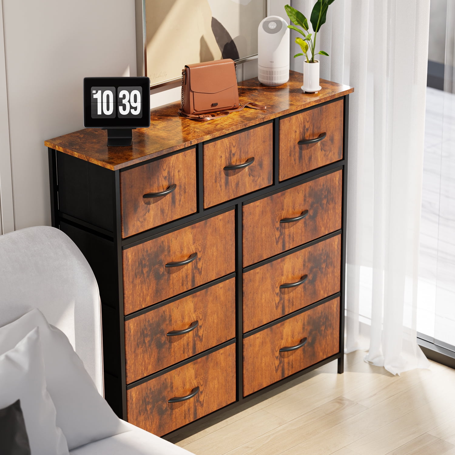 ZUNMOS 9 Drawer Fabric Dresser for Bedroom, Chest of Drawer Organizer Storage Cabinet for Closet, Entryway, Rust Brown