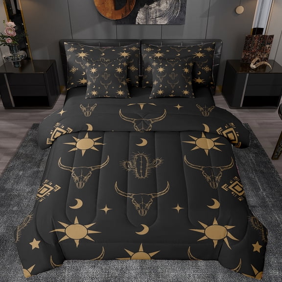 Manfei Retro Bull Skull 7-Piece Twin Bedding Sets,Bohemian Tribal Exotic Bedding Comforter Set,Rustic Farmhouse Cabin Sheet Sets For Boys Kids,Breathable Home Decor Reversible