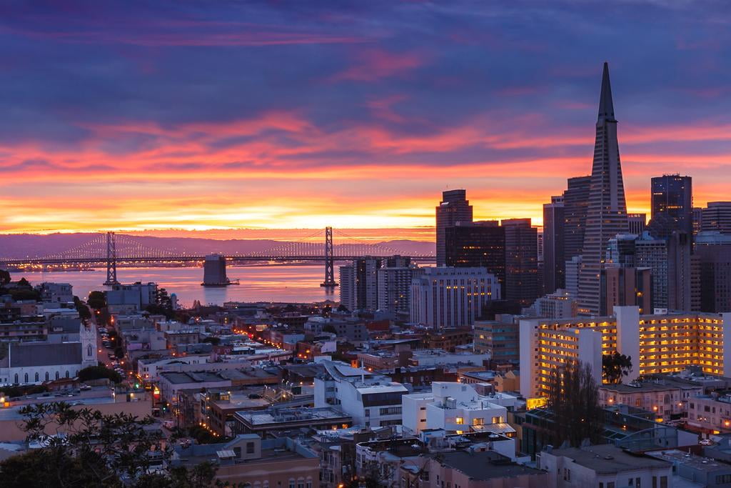 San Francisco California Bay Bridge Downtown Buildings at Dawn Sunrise ...