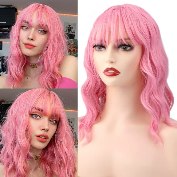 DOPI Wig with Bangs, Short Curly Bob Pink Wig, Bob Wavy Wig for Girl and Women with Thin Skin Wig Caps