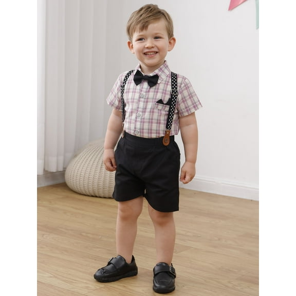CARETOO Toddler Baby Boy Outfits 1-5T Short Sleeve Button Plaid Shirts Bowtie Suspender Shorts Formal Clothes Suits