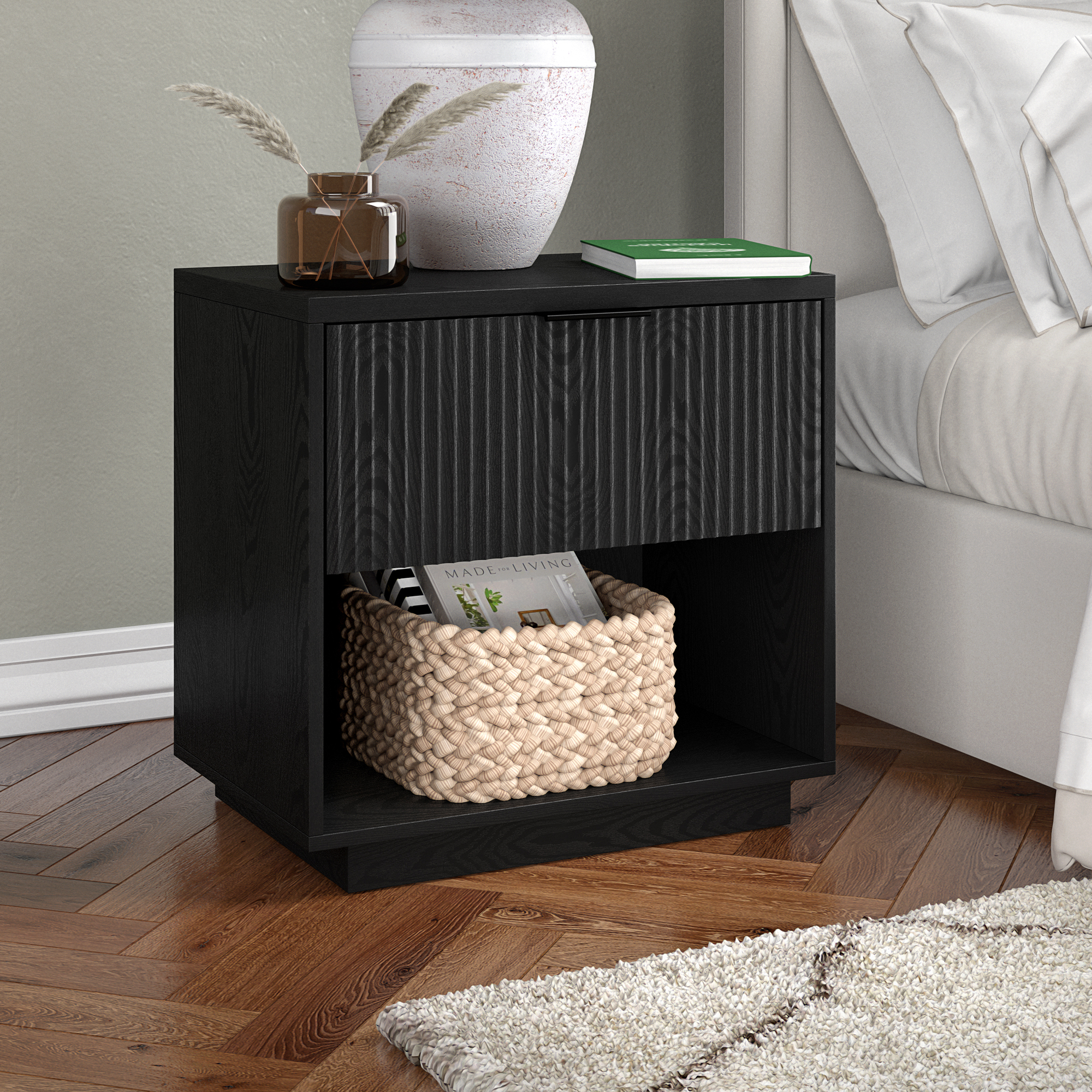 Karten 24" Wide Rectangular Fluted Nightstand in Black Grain
