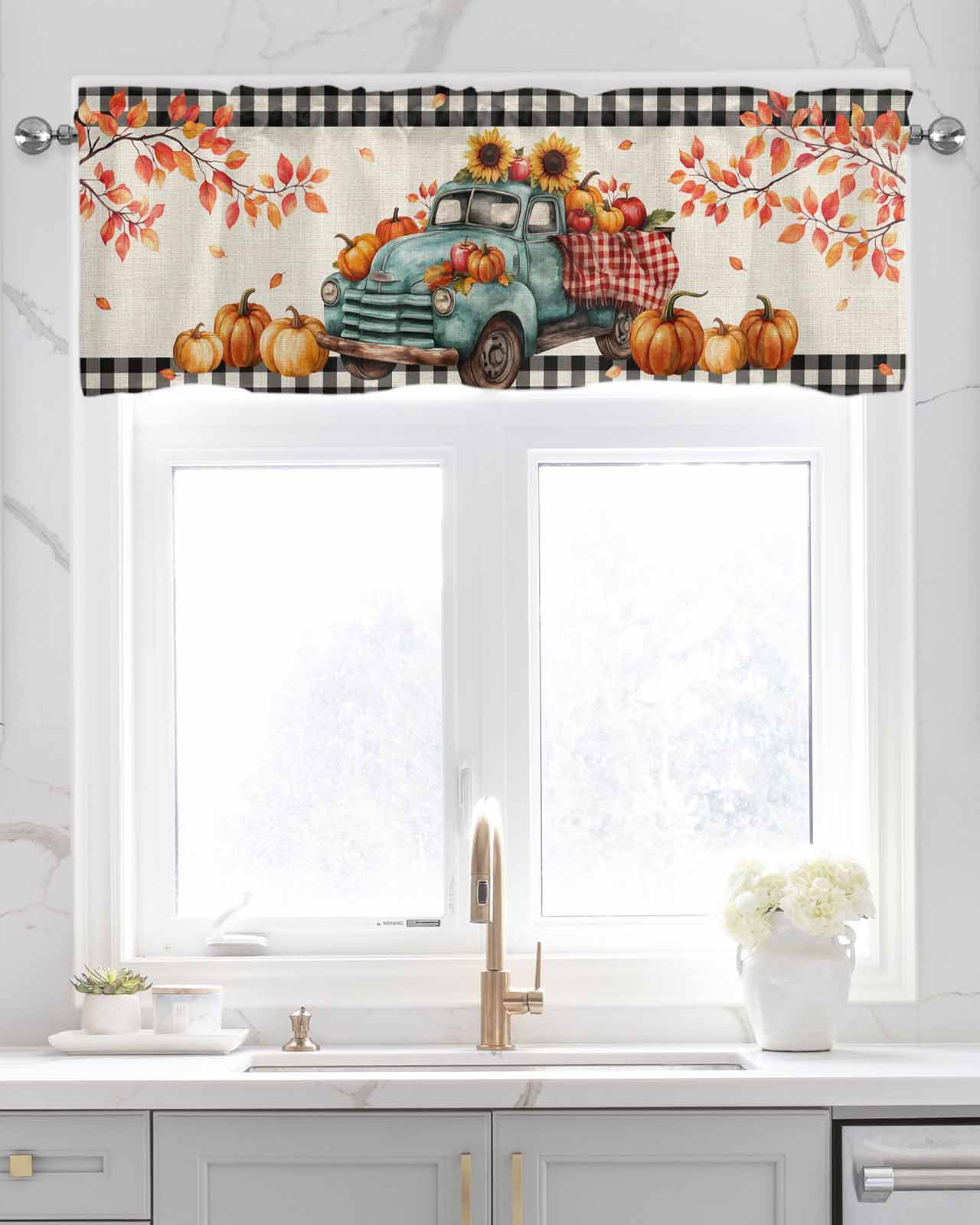 Thanksgiving Pumpkins Kitchen Valances for Windows Farmhouse Linen Window Valance Curtain for Living Room Window Treatment Fall Sunflowers Truck Branch Retro Valance Rod Pocket Topper, 42 x 18 Inch