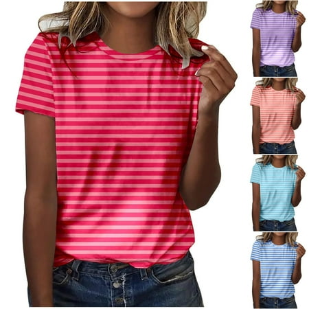 YHAJDS Womens T Shirts Trendy Casual Short Sleeve Round Neck Striped Print Tee Summer Top