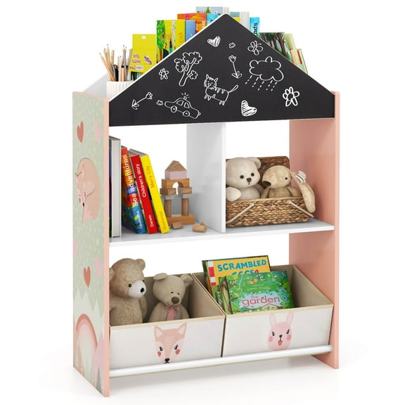 Costway Bibliothèque de Maison de Poupée pour Enfants avec Tableau Noir et Tableau Blanc Inscriptibles 4 Compartiments Supérieurs Rose