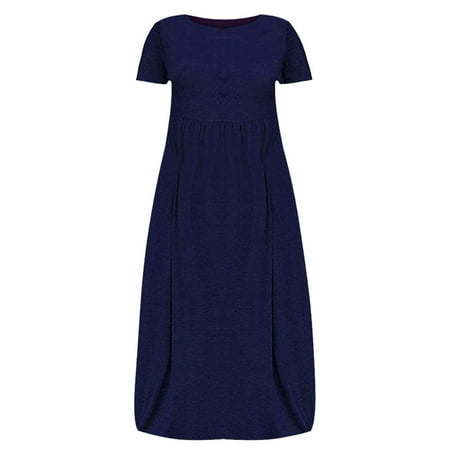

asdoklhq Maternity Dress Plus Size Women Casual O-Neck Summer Short Sleeve Solid Loose Pocket Long Dress