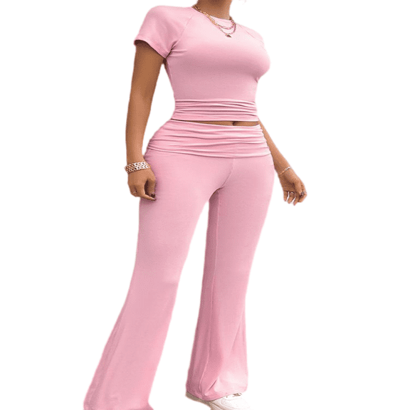LYMAYTER Workout Two Piece Set for Women Casual Short Sleeve Tops Fold Over Flare Pants Tracksuits S-XL