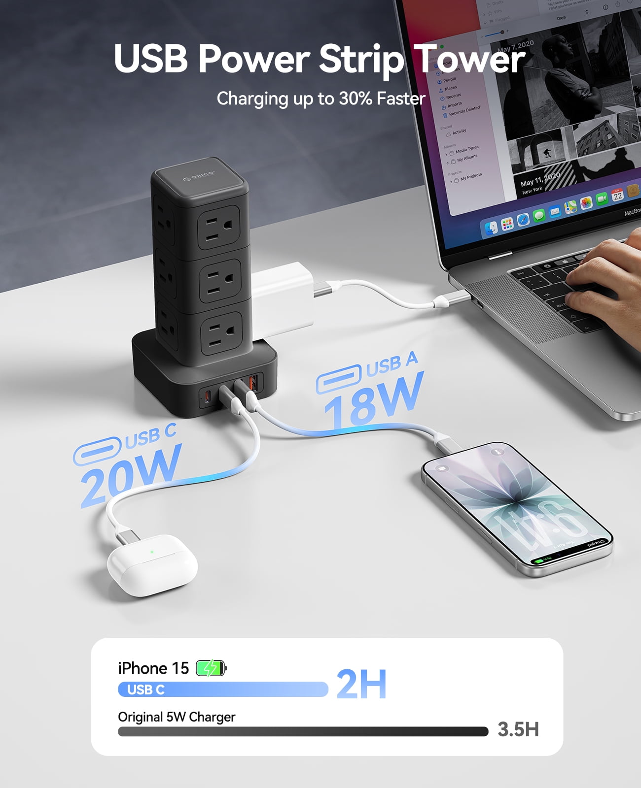 ORICO Power Strip Tower with Multiple Outlets, Tower Extension Cord with 12 AC Outlets 4 USB Ports (2 USB C), Space Saving Design, 5FT Cord Power Tower for Home, Office, Dorm - TPP20 (Black)