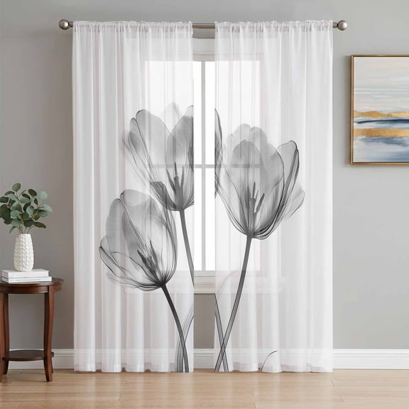 Grey Spring Tulip Floral Semi Sheer Curtains 72 Inch Length 2 Panels Set, Pastoral Flowers Watercolor Sheer Kitchen Curtain Privacy Voile Window Curtain for Living Room Bedroom Rod Pocket Drapes
