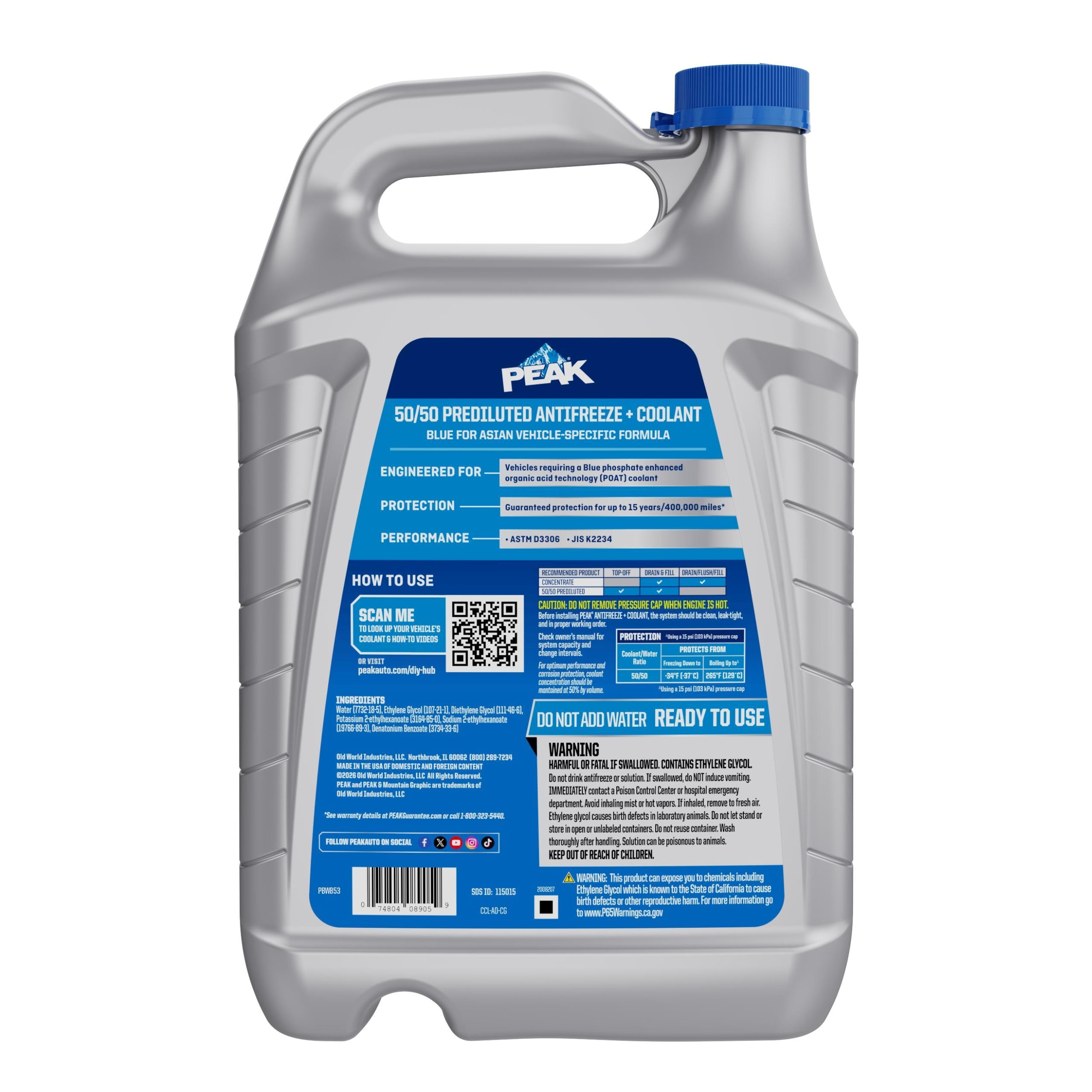 PEAK Asian Blue 50/50 Prediluted Antifreeze + Coolant, 1 gal