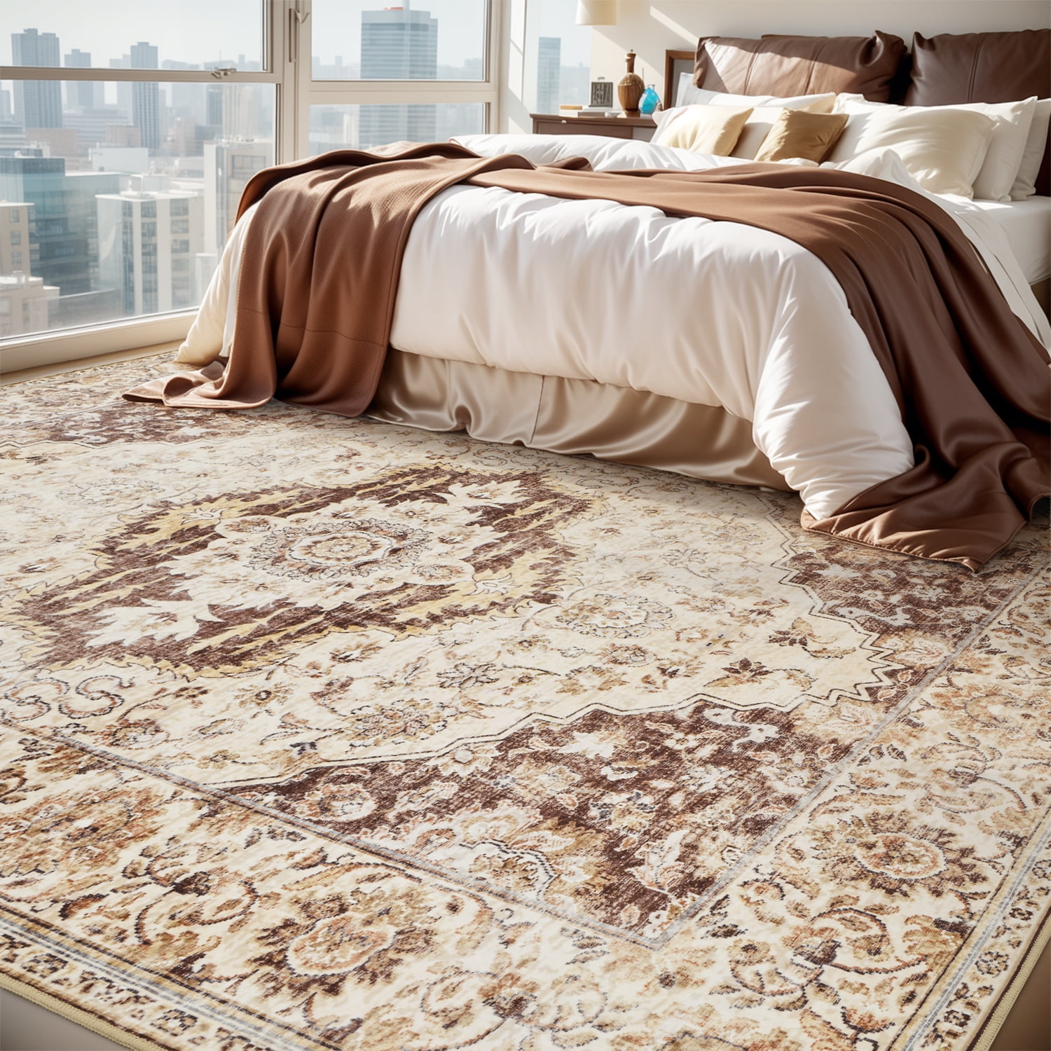 SIXHOME 9'x12' Area Rugs for Living Room Washable Traditional Brown Distressed Carpet Non Slip Ultra Soft Retro Floral Throw Indoor Rug for Bedroom Dinning Room Office Home
