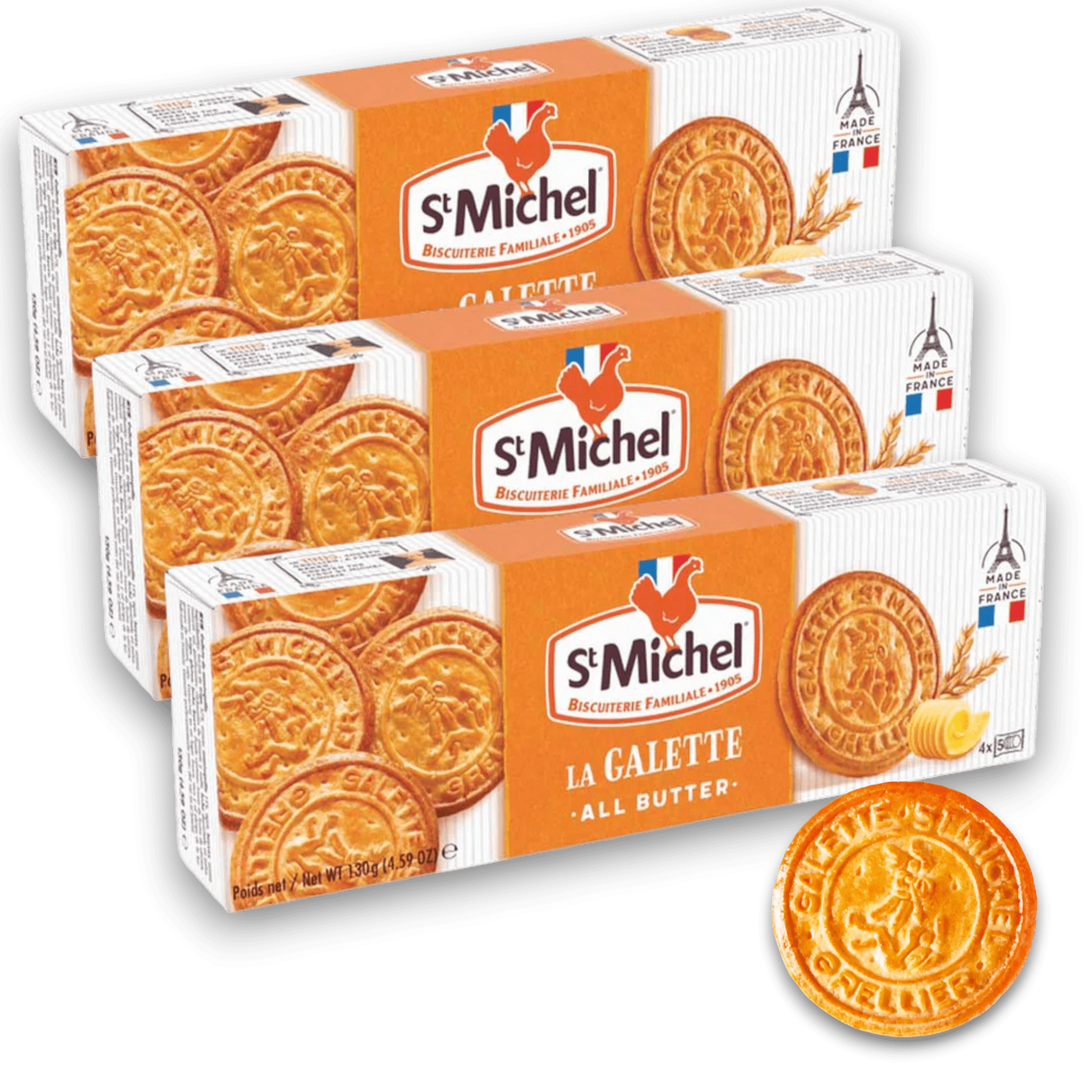 St. Michel Pure Butter Galettes, 4.6 oz (130 g) each 3 Pack– Authentic Thin & Crispy French Butter Cookies, 20 Count, Made in France with Non-GMO Ingredients & Free-Range Eggs