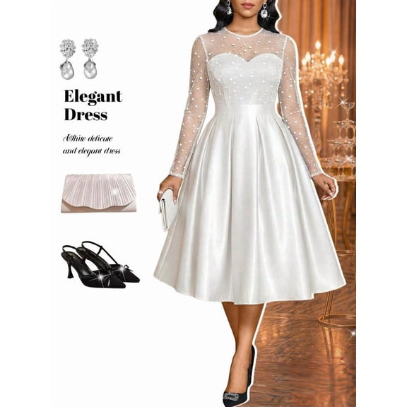 Women Elegant White Satin Midi Dress With Crystal Embellished Mesh Long