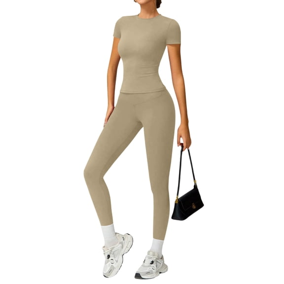 Stichou Women's Two Piece Workout Sets Athletic Slim Fit Yoga Outfits Cap Sleeve Lounge Sets 2026 Sport Butt Lifting Leggings Set Khaki XL