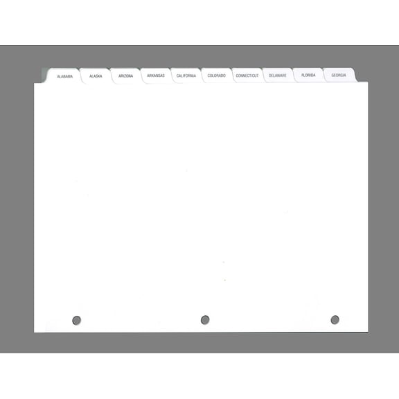 U.S. States Ring Book Indexes, 8.5" x 11", White with Laminated Tabs - Set of 54 Sheets