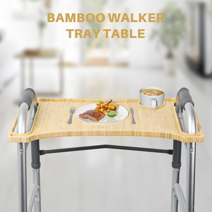Walker Tray Table,Foldable Walker Accessories Bamboo Tray with Cup Holder,Portable Multipurpose Bamboo Tray for Eating, Crafts, Laptops Medical Equipment Accessories