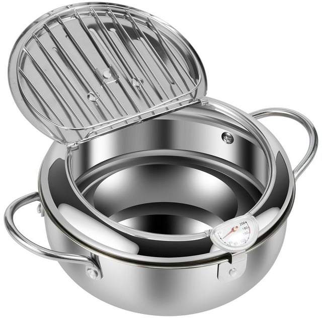 SUTENGDA Deep Fryer Pot with Strainer Basket and Thermometer Stainless Steel Deep Frying Pot with Handle 3 Sizes Oil Mini Fryer Dishwasher Safe Deep Frying Oil Container for Frying Fish S