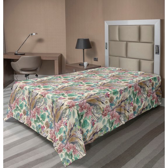 Ambesonne Orchid Artwork Flat Bedding Sheet Soft Top Sheet, Asian Leaves Pattern, Twin XL, Almond Green and Pale Pink