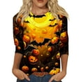 thumbnail image 1 of Camiseta gráfica de Halloween para mujer: camiseta informal de manga 3/4 con estampado de girasol y calabaza, 1 of 5