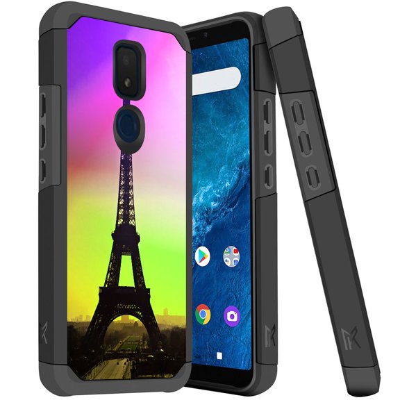 ANJ  Slim Dual Layer Hybrid Shockproof Case   Tempered Glass Cover for Cricket Icon 3, Splendor, AT&T Motivate 2 - Eiffel Tower at Dusk