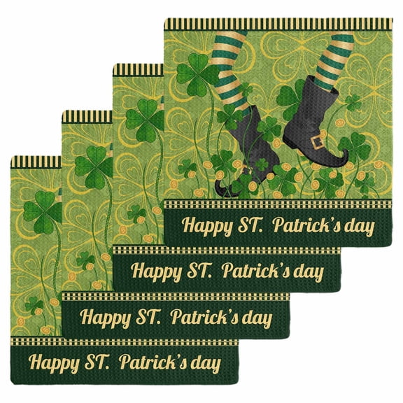 Happy St. Patrick's Kitchen Dish Towels for Drying Dishes Set of 4, Green Shamrock Shoots Coin Vintage Country Waffle Weave Microfiber Hand Tea Bathroom Towels Quick Dry & Absorbent Towel 12x12