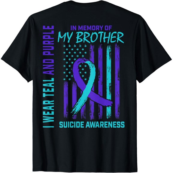 Teal Purple Ribbon Suicide Awareness Flag Brother Back Print T-Shirt