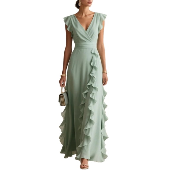EASYBRA Women V Neck Pleated Maxi Dress Short Sleeve High Waist Solid Color Elegant Summer Long Dress