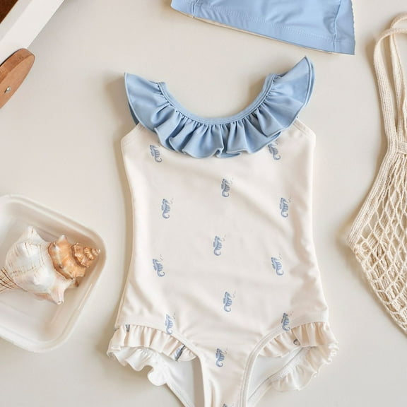 Conairie Girl Swimsuit One Piece Cute Graphics Print Bathing Suit with Sun Protection Ruffles Swimwear Blue