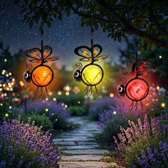 The Growing Ground 3-Pack Solar Hanging Bug Lights, Dusk-to-Dawn Outdoor Garden Decor for Patio, Balcony & Yard
