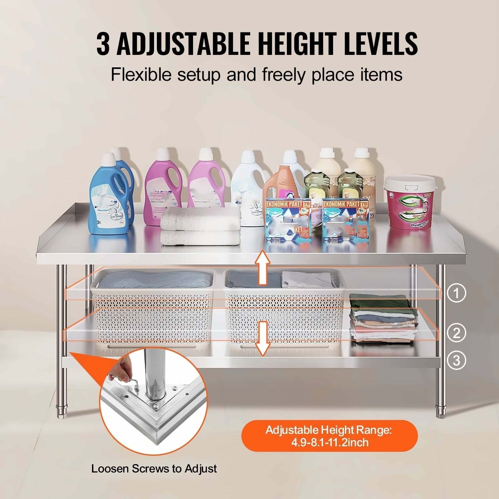 Stainless Steel Work Table 30x60x26 inch, Commercial Food Prep Table, Heavy Duty 3-Sided Backsplash, Adjustable Height Metal Worktable for Restaurant Home Hotel