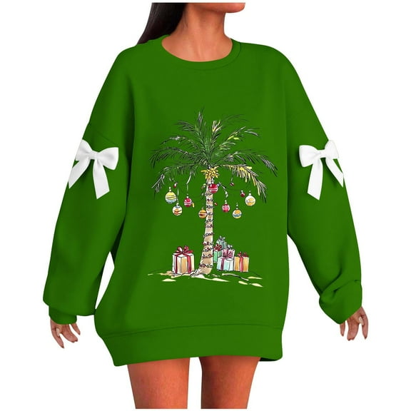 Cmfcve Xmas Sweatshirts for Woman Plus Size Christmas Tree Bow Comfortable Holiday Tops Solid Color Drop Shoulder Pullover Cute Apparel