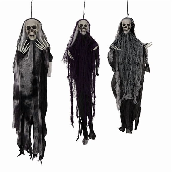 Alvantor 3-Pack Hanging Grim Reaper Halloween Decorations with Adjustable Arms, 4.6 ft and 3 ft, Black Gray and Purple