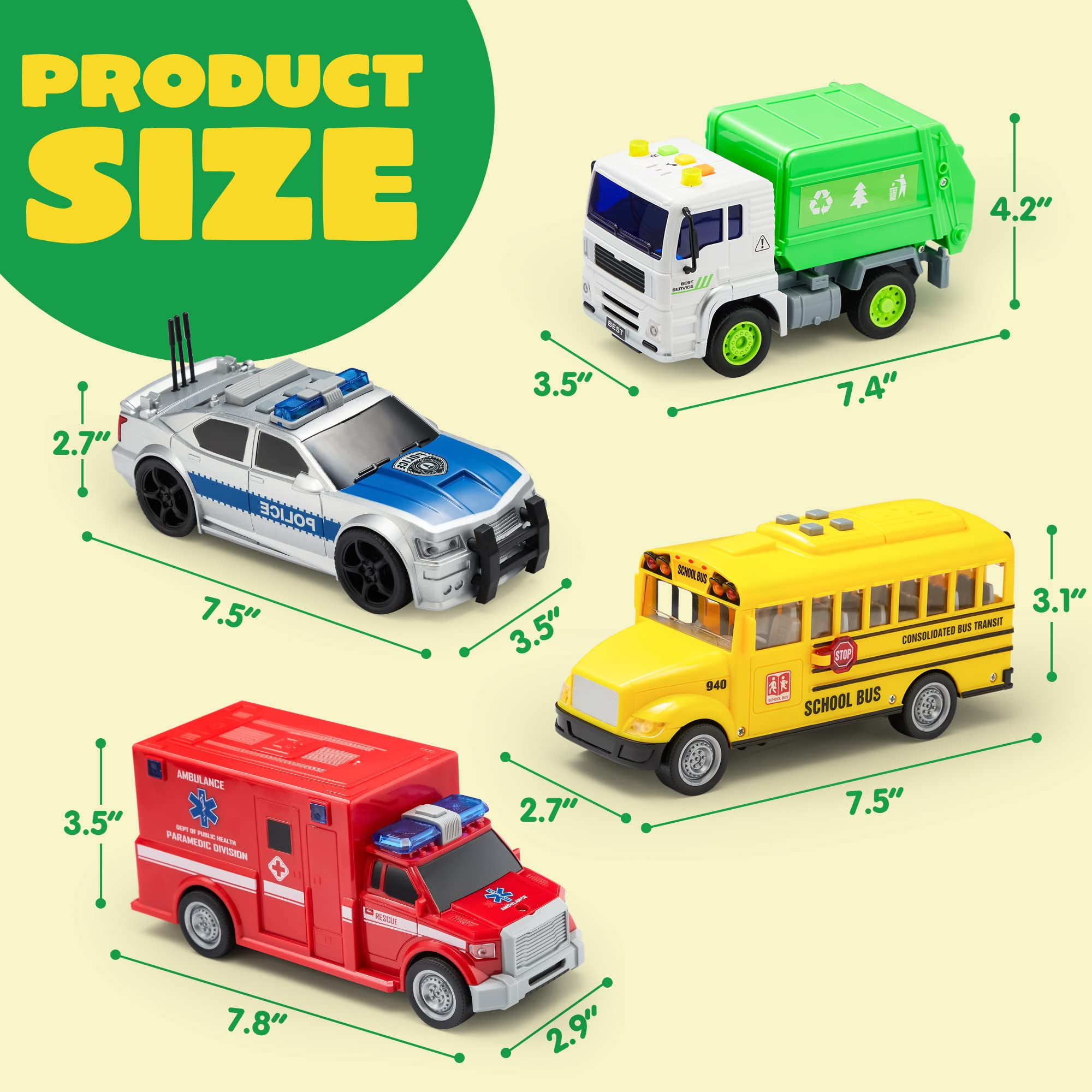 Joyfy 4 Pcs 7" Long Vehicle Toy Set, Toddler Car Toys Including Police Car, School Bus, Garbage Truck, Ambulance, Christmas Birthday Gifts Toys for Boys 2 3 4 5 6 Years Old
