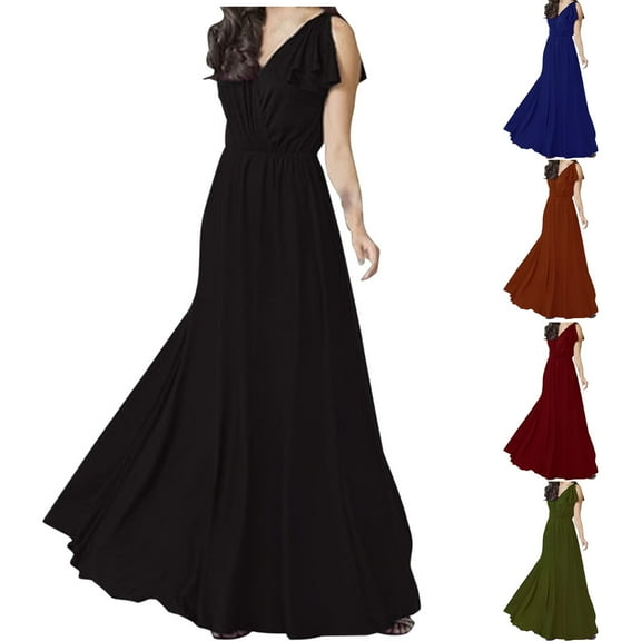 ZQUUVOU Women's Evening Gown Sleeveless V Neck Maxi Dress Cocktail Party Ruffle Bridesmaid Prom Gown Maxi Dress Burgundy