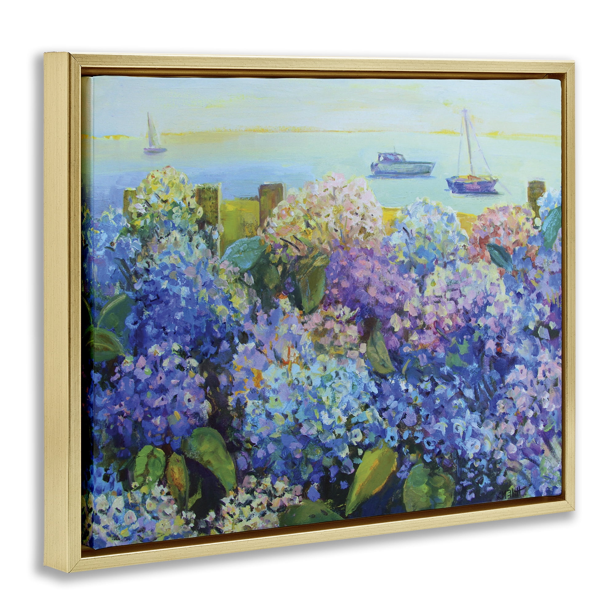Stupell Industries Hydrangea By The Sea Landscape Painting Gold Floater Framed Art Print Wall Art, 21 x 17