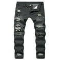 thumbnail image 1 of OUSITAID Men Ripped Jeans Letter Embroidery Pattern Stretch Skinny Zipper Solid Color Straight Leg Pencil Pants, 1 of 5