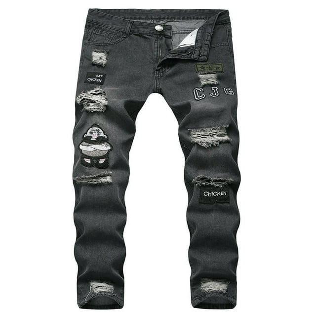 OUSITAID Men Ripped Jeans Letter Embroidery Pattern Stretch Skinny Zipper Solid Color Straight Leg Pencil Pants