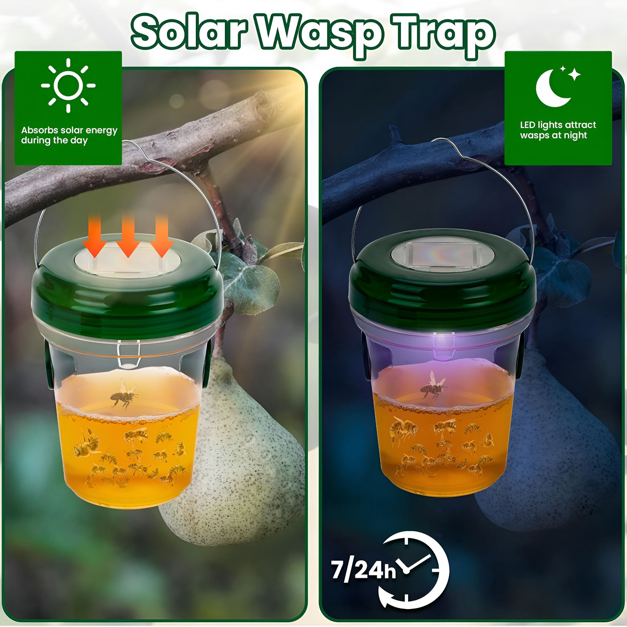 QARUN Wasp Traps Outdoor Hanging, Hornet Trap with Solar Power, Double Attraction, Suitable for Outdoor, Orchard, Garden
