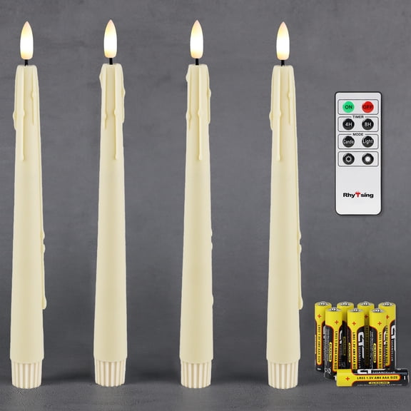 Rhytsing 9.6 inches Natural White Flameless Taper Candle with Remote, Battery Operated LED Dinner Candles with Timer, Wax Dripping Design, 8 Batteries Included - Set of 4