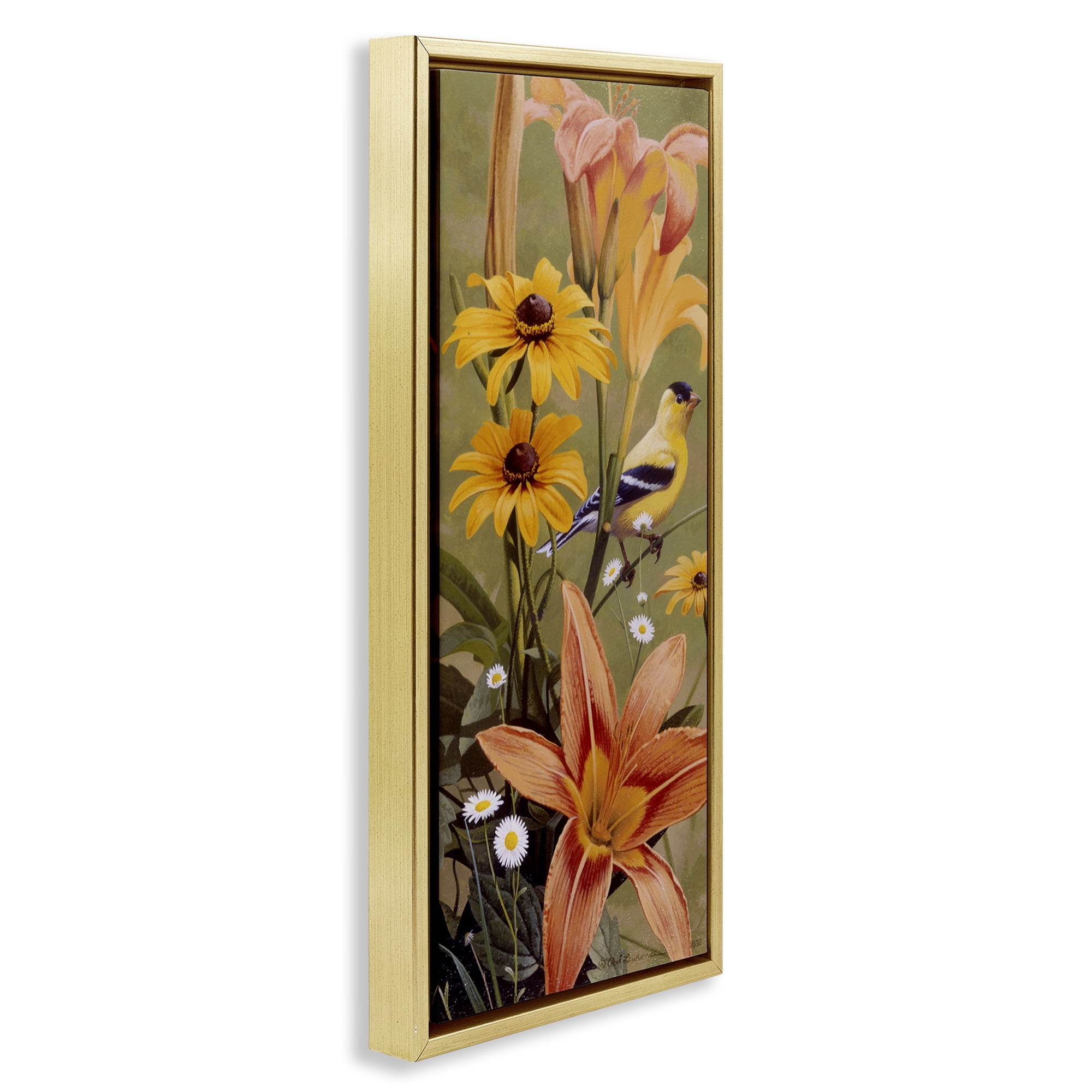 Stupell Industries Among the Flowers Bird Plants & Flowers Painting Gold Floater Framed Canvas Art Print Wall Art, 14 x 31