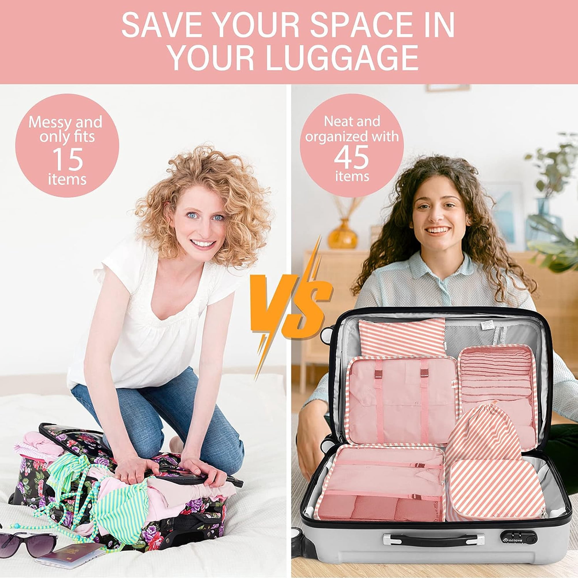 lEPECQ Packing Cubes for Travel, 8Pcs Travel Cubes Set Foldable Suitcase Organizer Lightweight Luggage Storage Bag, Pink