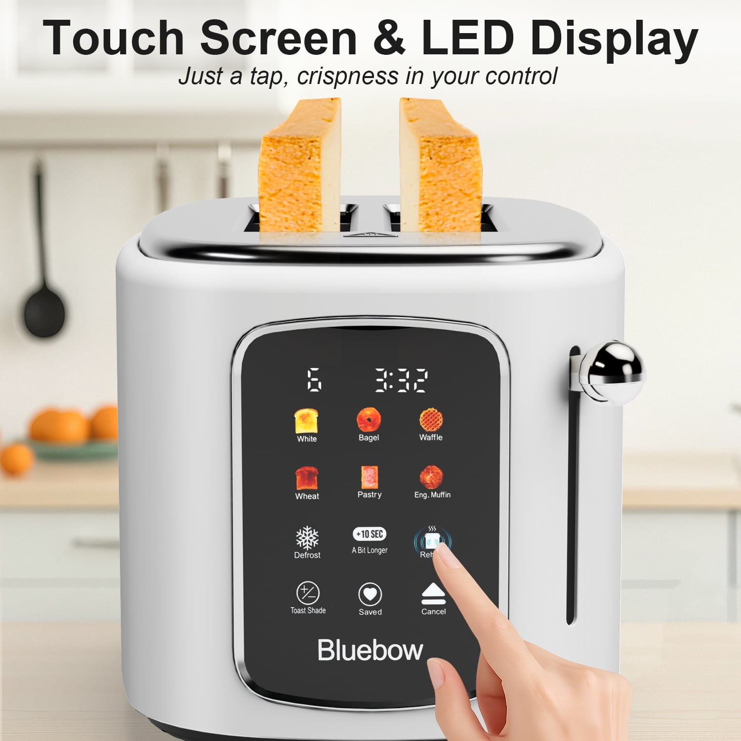 Bluebow 2-Slice Toaster with Touchscreen, 1.5" Wide Slots, 6 Bread Types & Shade Settings, Reheat, Defrost, Cancel, Removable Tray