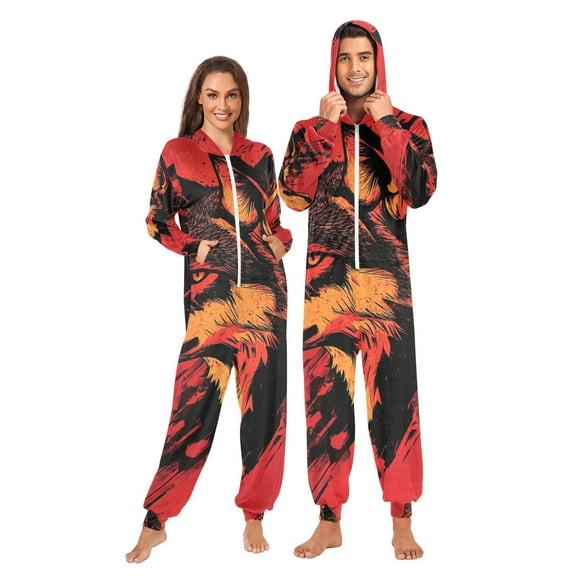 Wolf Face Red Adult Onesie Pajamas Slim Fit Christmas One Piece Suit Pjs for Women and Men Hooded Zipper