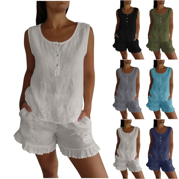 UVEASISHA Womens Cotton Linen 2 Piece Matching Lounge Sets Summer Casual Loose Tank Top and Shorts Set Sky Blue S