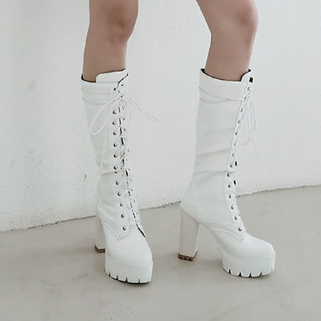 

Juebong Christmas Deals Women s Comfortable Warm High Heel Lace Up Tall Knee Boots 6.5 White