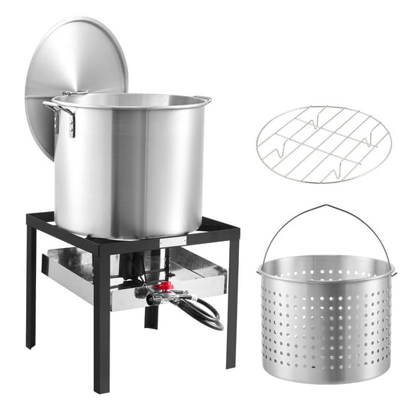 KFFKFF 60 Qt Seafood Boiling Kit with Strainer, Outdoor Seafood Boil Pot and Basket, Cooking Set for Crab Crawfish Lobster Boiling, Aluminum Stockpot with 100,000 BTUs Propane Burner and Steamer Rack