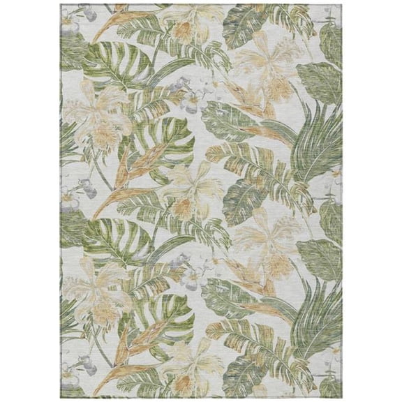 HomeRoots 618407 5 x 8 ft. Ivory Wheat & Olive Green Botanical Leaves Washable Indoor & Outdoor Rectangle Area Rug
