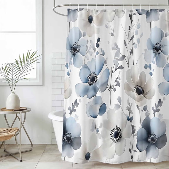 Blue Grey Spring Floral Waterproof Fabric Shower Curtain,Summer Flowers Botanical Waterproof Fabric Shower Curtain for Bathroom Curtains Bathtubs Hotel Shower Curtains with 12 Hooks Extra Long 72x84