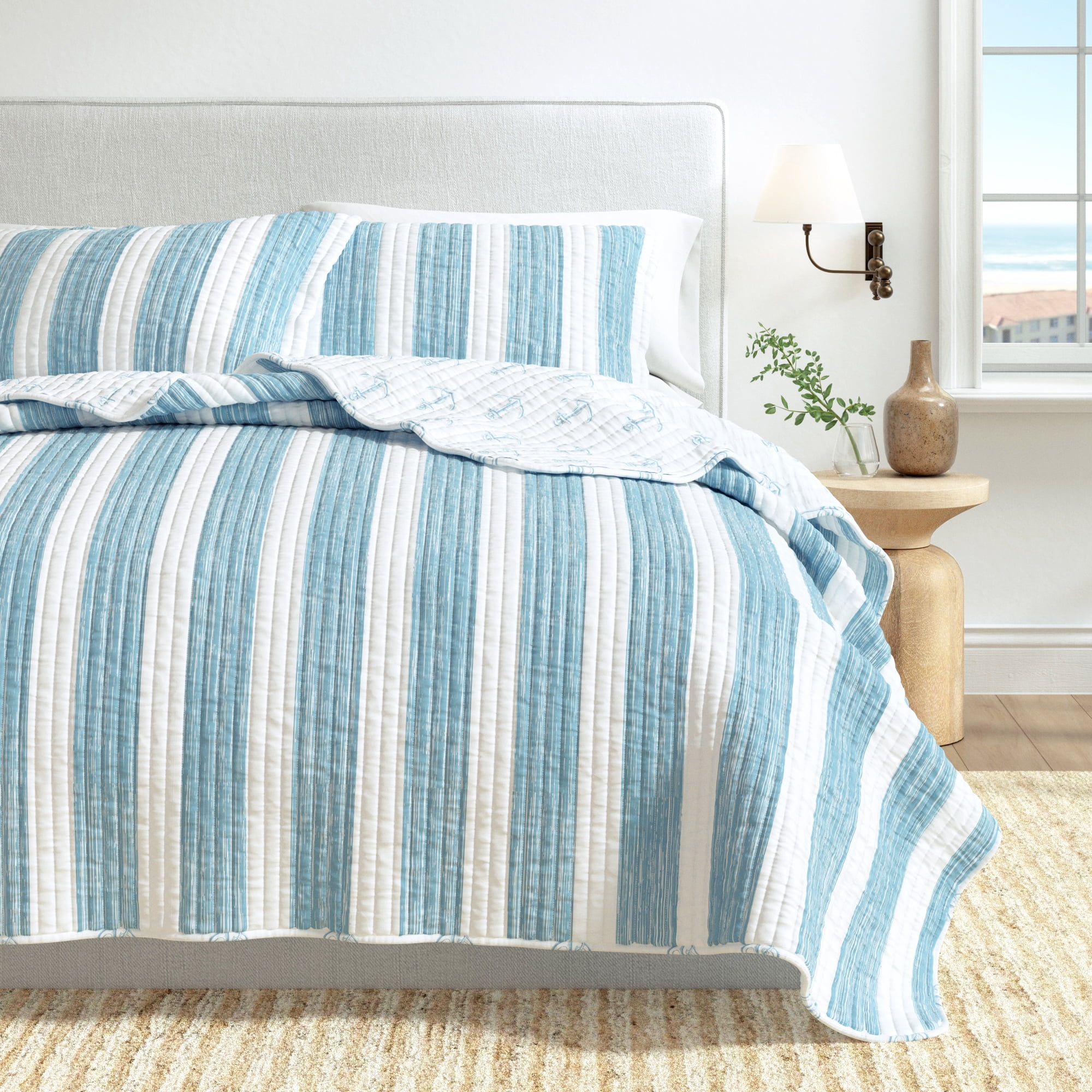 Great Bay Home Casco Bay Nautical Blue Striped Microfiber Quilt, Twin - Reversible (2 Count)